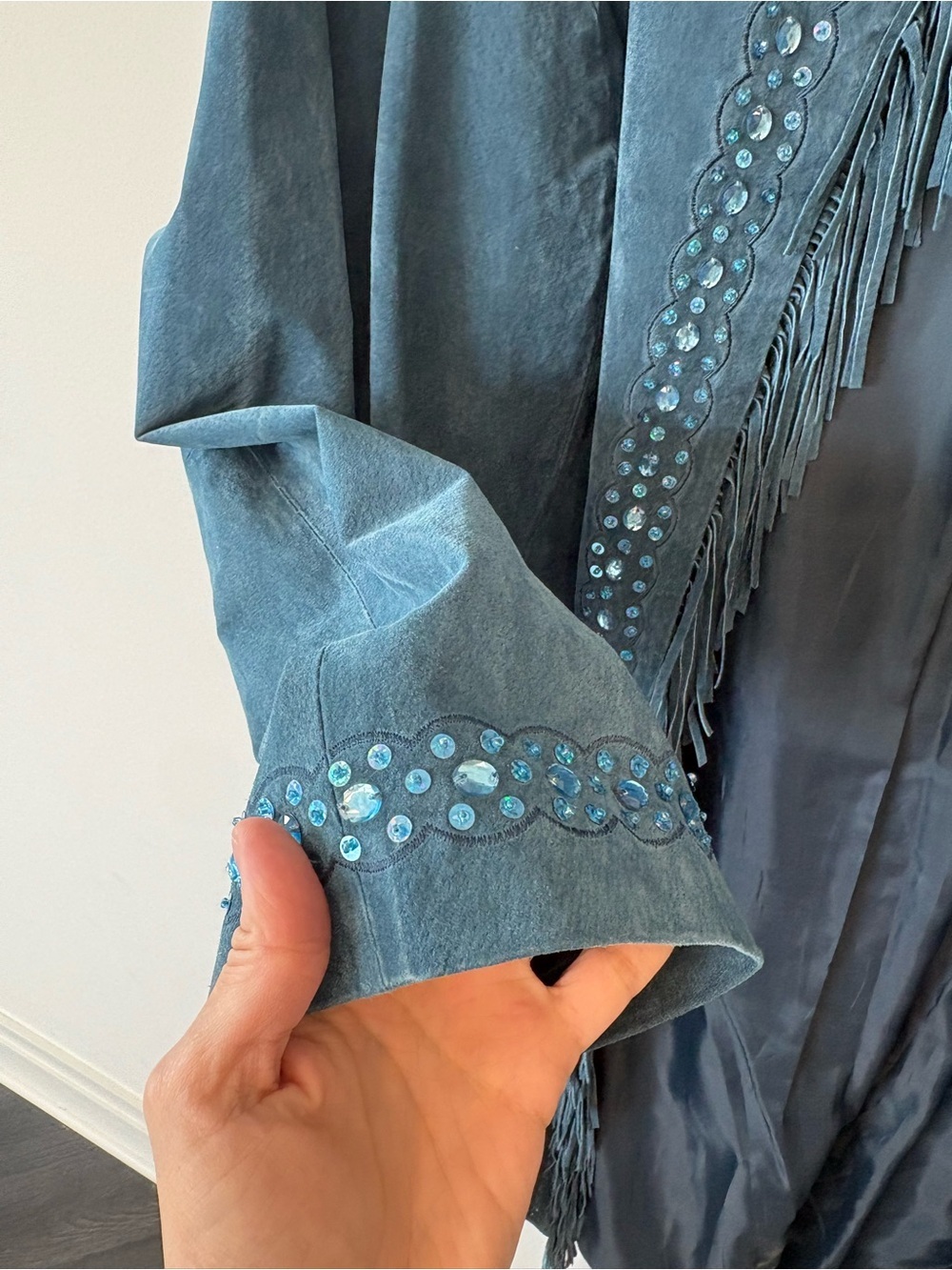 INSANE Y2K Women's Teal Suede Fringe Coat beaded event concert XL - Picture 7 of 13